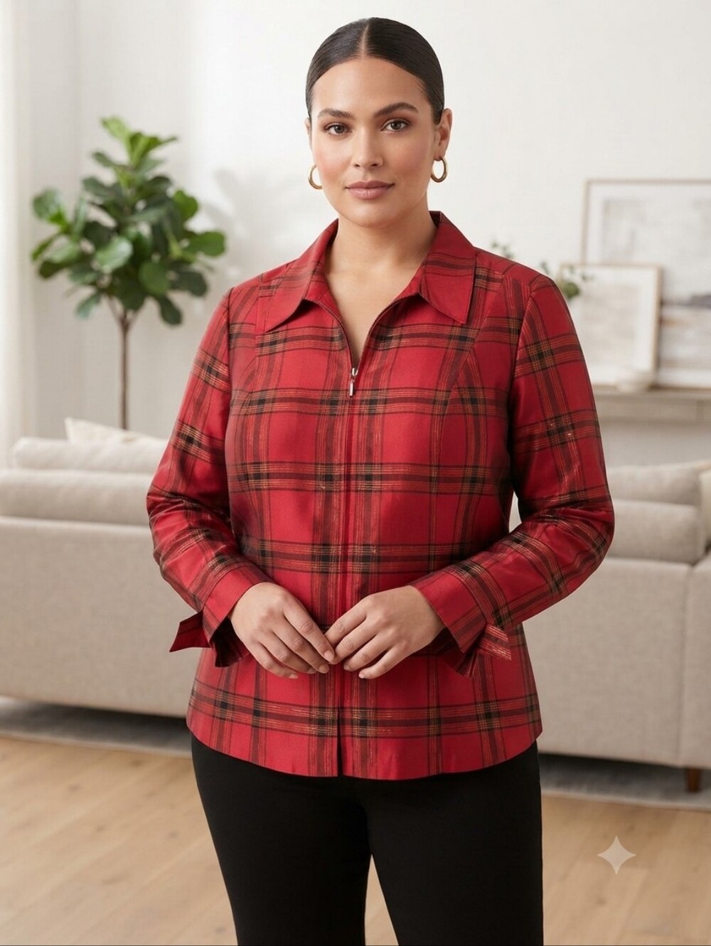 Silk Red Plaid Zip-Front Women's Jacket Size 1X